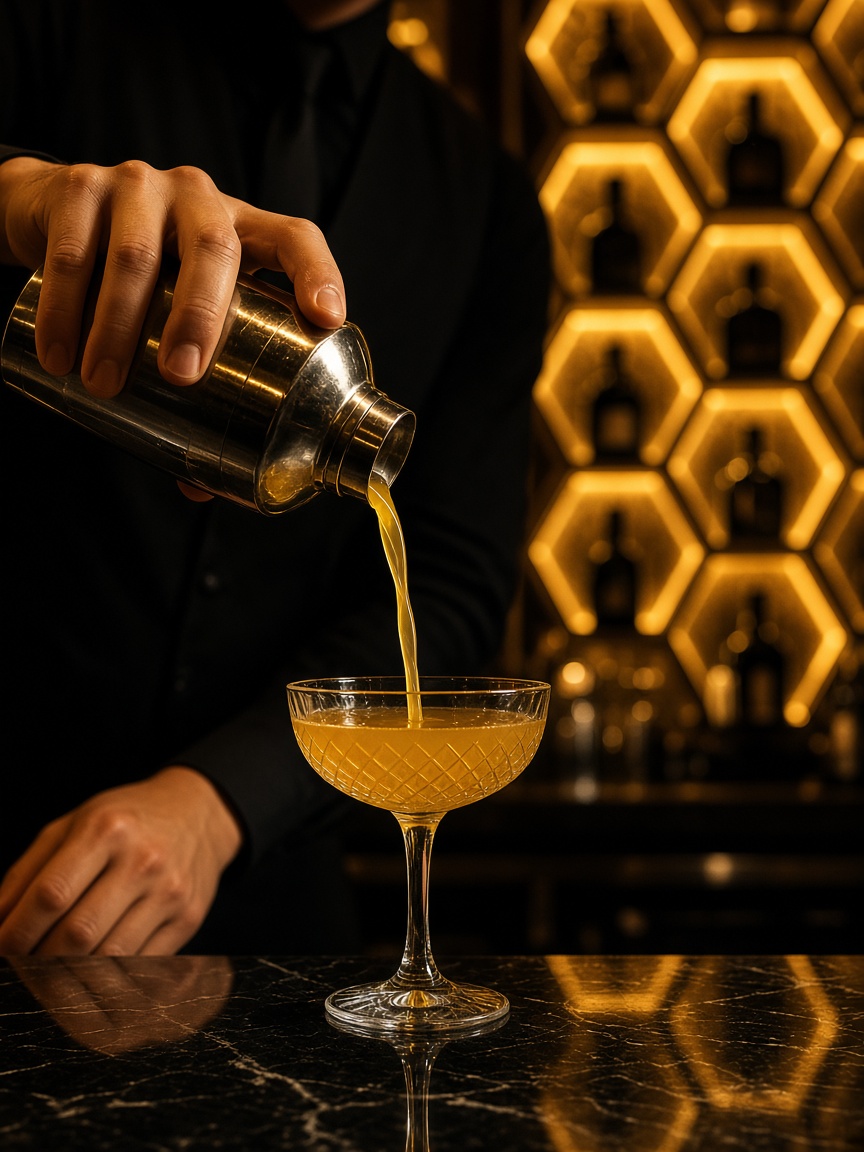 Bartender pouring a cocktail at The Hive Lounge