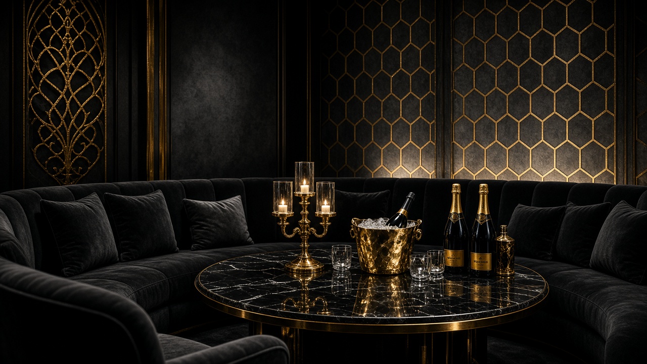 VIP table section at The Hive Lounge, black and white with gold ornaments